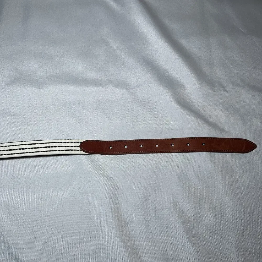 Women's Fossil Belt Cream Blue Stripe w/ Brown Leather Accent Size S EUC